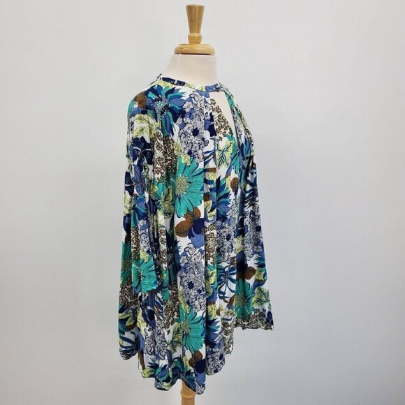 Umgee Womens Boho Floral Tunic Dress Size M Multicolor Bell Sleeve Keyhole Neck - Picture 2 of 14